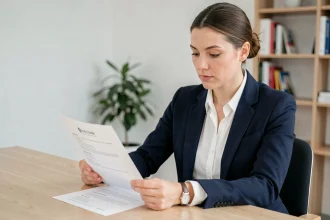 Femme professionnelle suisse révisant un CV imprimé sur un bureau minimaliste dans un bureau moderne