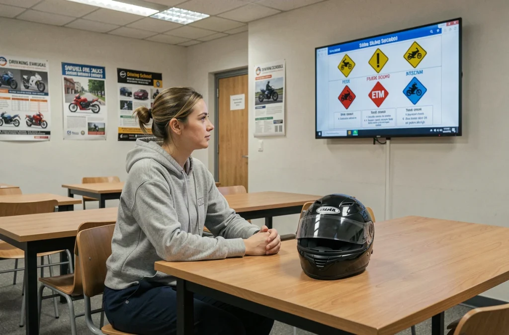 Femme en auto-école préparant l'examen ETM moto devant un écran de code de la route