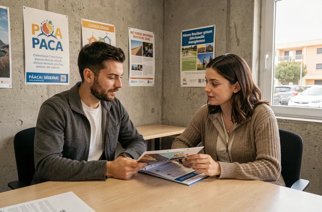 Deux apprenants consultant un programme de formation FORPRO-PACA dans une salle dédiée