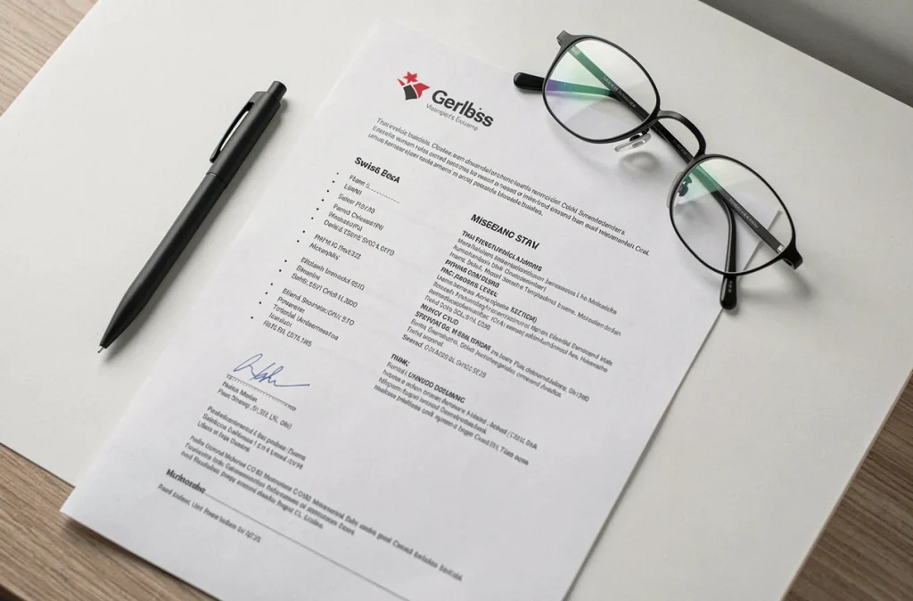 Gros plan d'un CV au format suisse imprimé posé à plat sur un bureau blanc avec un stylo et des lunettes