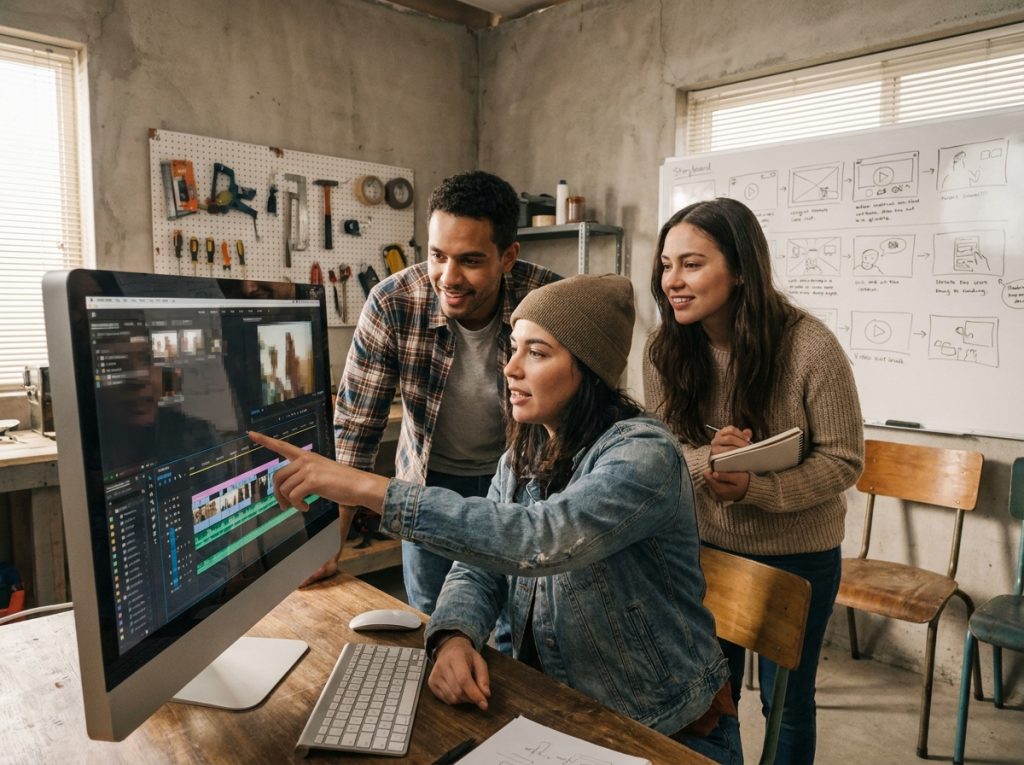 Groupe de jeunes adultes apprenant le montage vidéo ensemble dans un atelier collaboratif avec un écran de montage et des storyboards