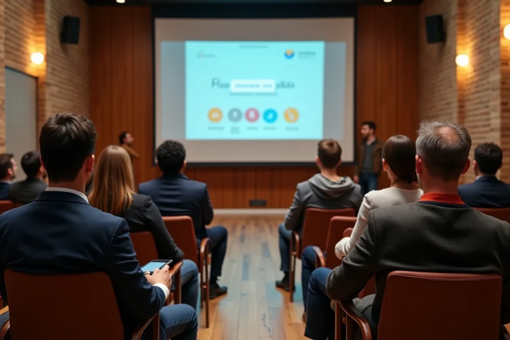 Groupe de participants adultes assistant à une conférence sur la formation digitale pour débutants dans un auditorium parisien