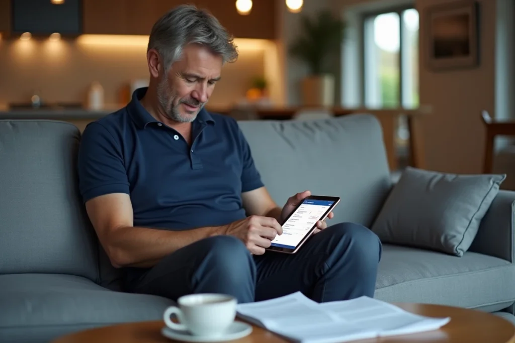 Homme étudiant sur tablette avec l'application Comptalia dans un salon moderne