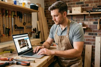 Un homme en tablier de bricolage suit un cours en ligne sur son ordinateur portable dans un atelier de travail du bois