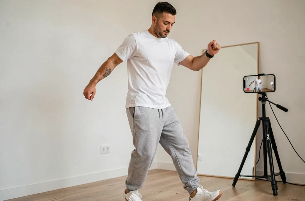 Homme pratiquant des pas de danse hip-hop chez lui devant un miroir avec un tutoriel vidéo sur smartphone