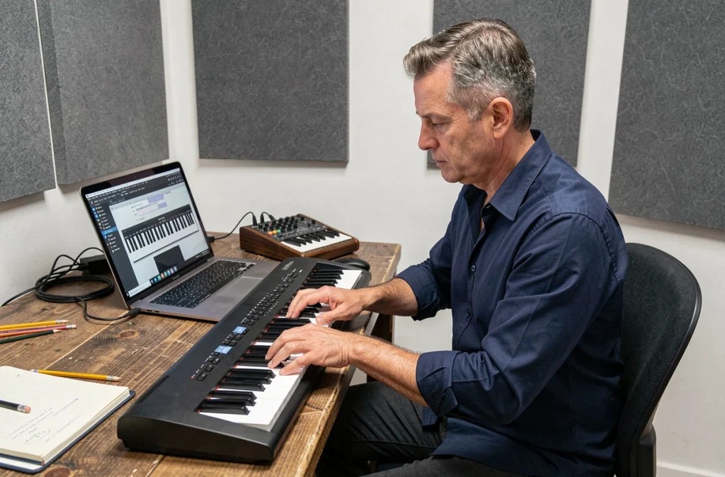 Homme adulte apprenant le piano numérique avec une mauvaise position des poignets devant un écran de tutoriel