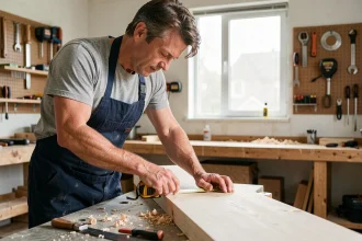 Homme adulte apprenant à mesurer du bois dans un atelier de bricolage à domicile, formation pratique CPF maformationbrico