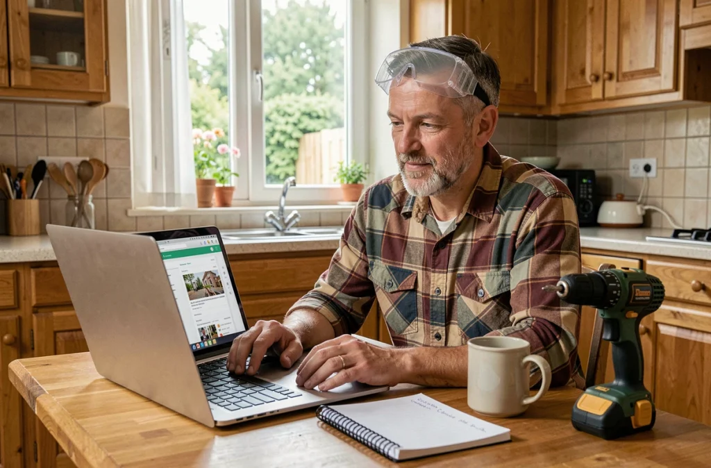 Homme consultant une formation bricolage en ligne financée par le CPF sur ordinateur portable dans sa cuisine, apprentissage autonome des travaux