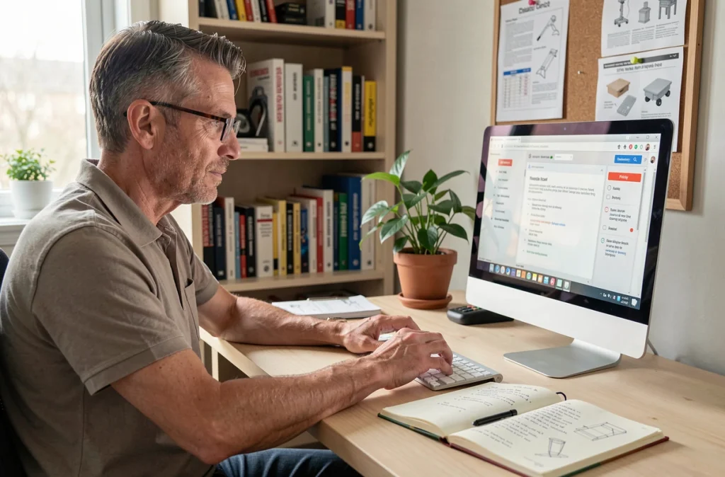Un homme prend des notes manuscrites en suivant une formation de bricolage en ligne sur son ordinateur de bureau