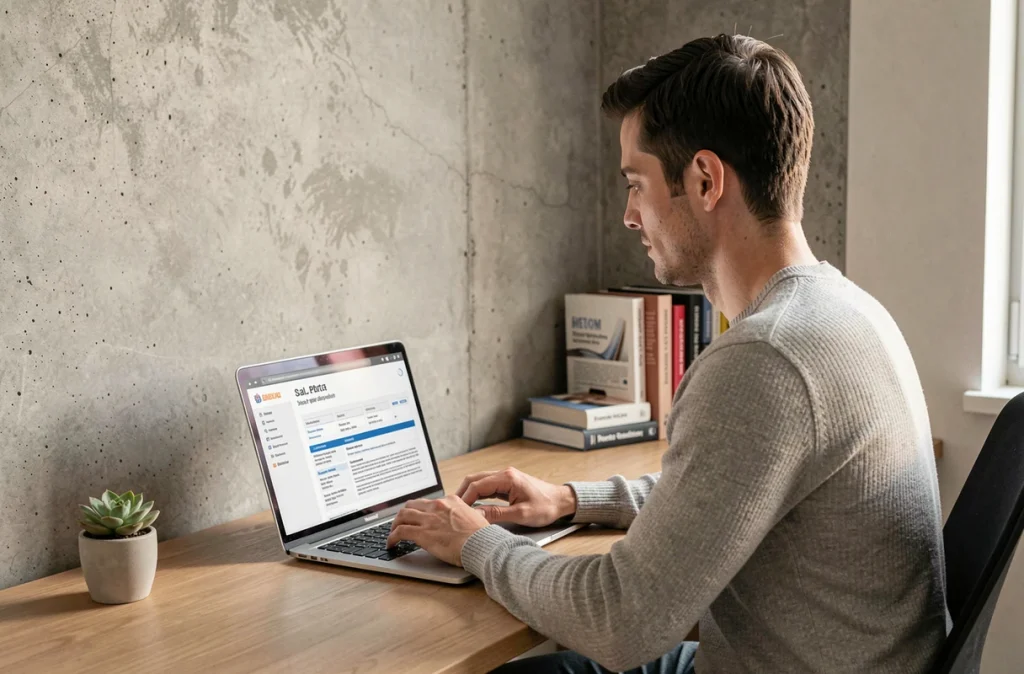 Homme jeune rédigeant un CV au format suisse sur son ordinateur portable dans un bureau à domicile moderne