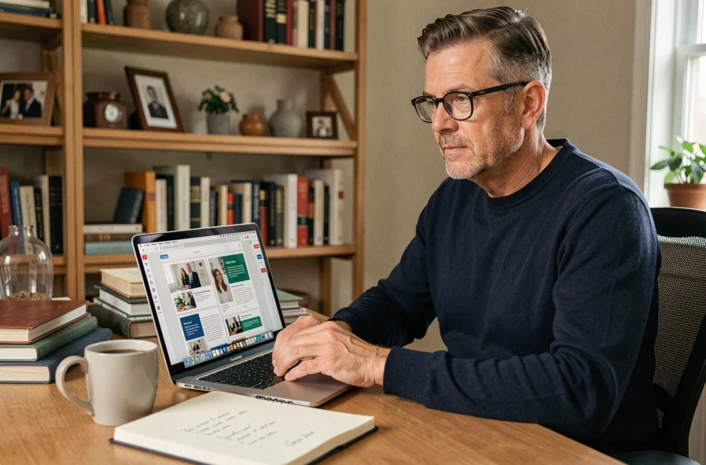 Homme en télétravail apprenant à créer des supports visuels avec Canva grâce à une formation CPF