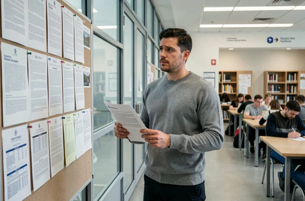 Jeune chercheur consultant le tableau d'affichage des résultats de concours CNRS dans une bibliothèque universitaire moderne