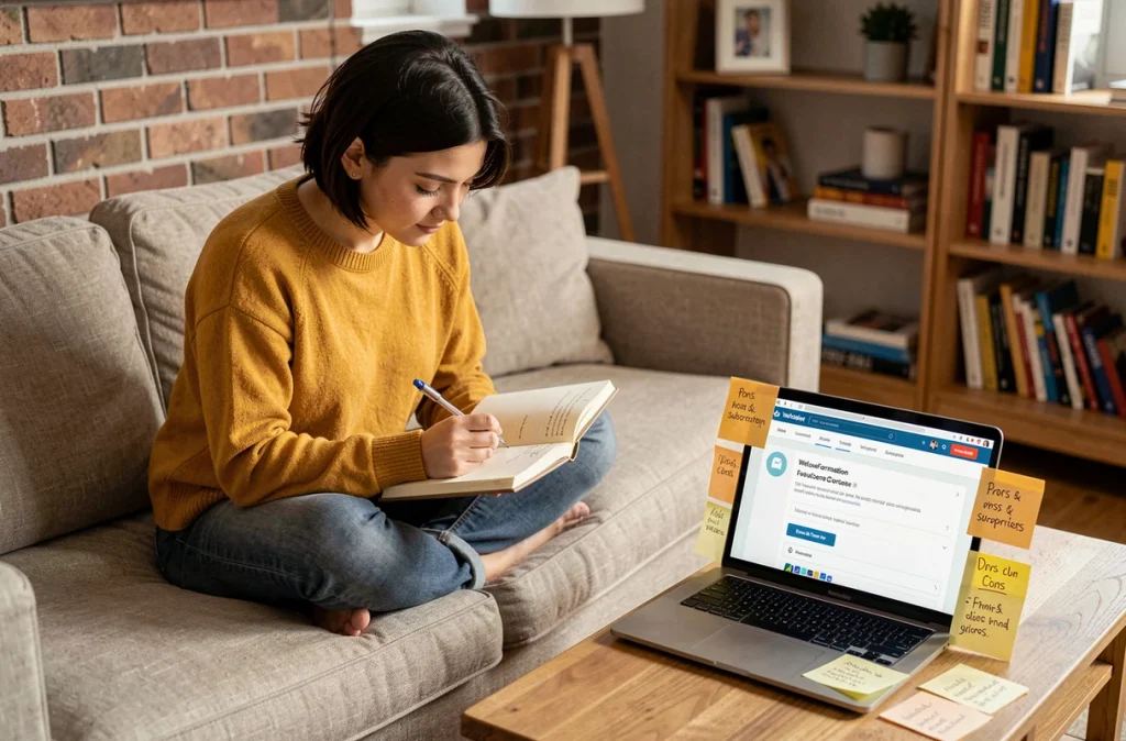 Jeune femme prenant des notes pour choisir entre un abonnement email et une autre plateforme de formation marketing en ligne