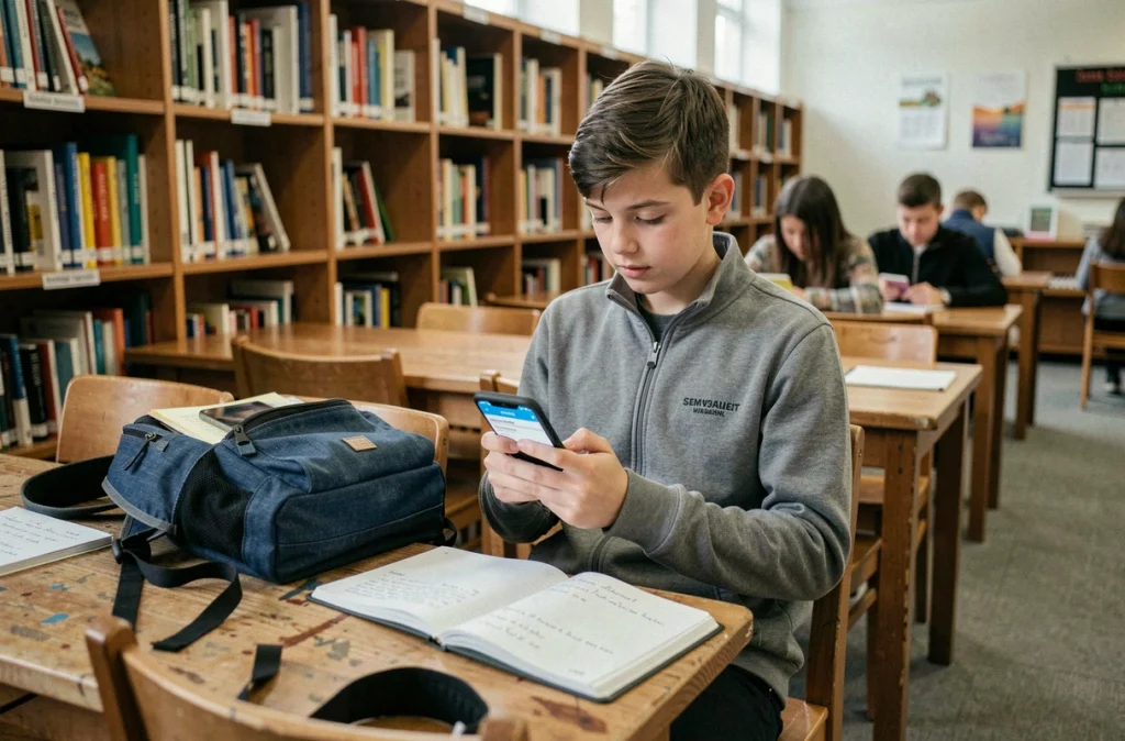Lycéen consultant ses devoirs et ses notes scolaires sur smartphone via NÉO Yvelines dans une bibliothèque