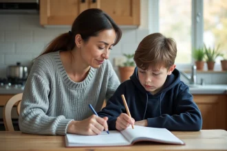 Une mère accompagne son fils collégien dans ses révisions autour d'une table de cuisine, tous deux concentrés sur des notes et un manuel scolaire.