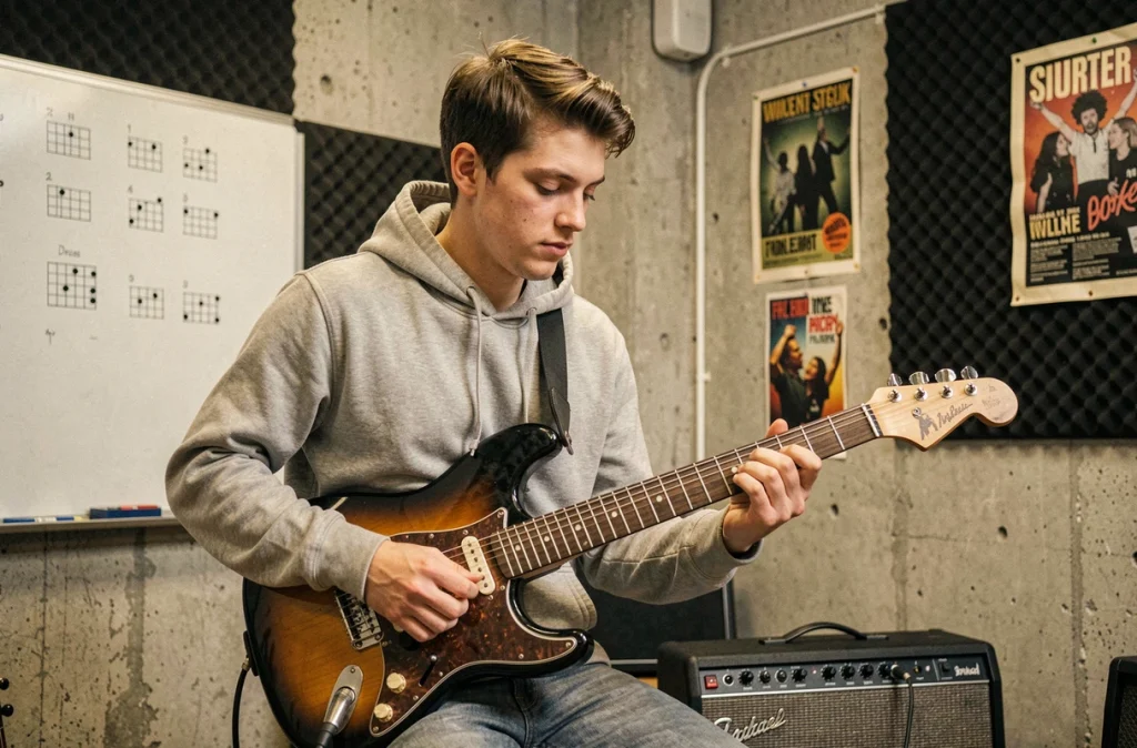 Jeune homme jouant de la guitare électrique dans un studio de cours de l'école de musique Music'Act à Lille