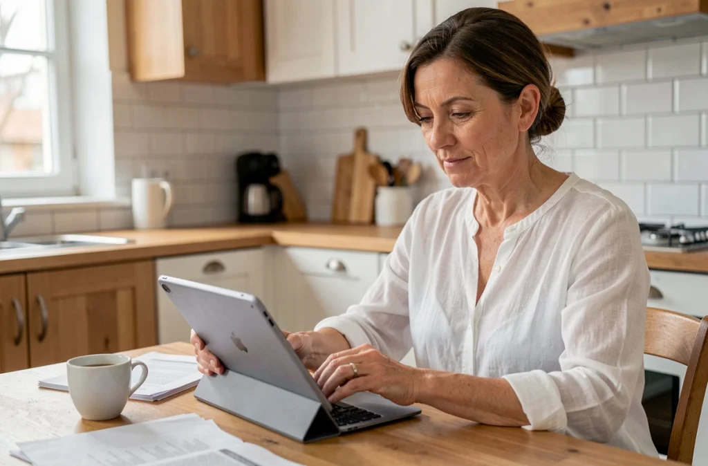 Mère de famille accédant au portail Monlycée PSN sur tablette dans une cuisine moderne