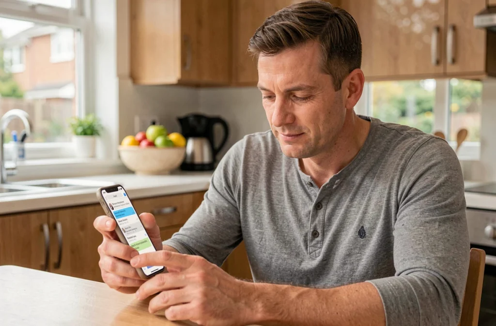 Père lisant un message de l'école sur son smartphone depuis la cuisine familiale