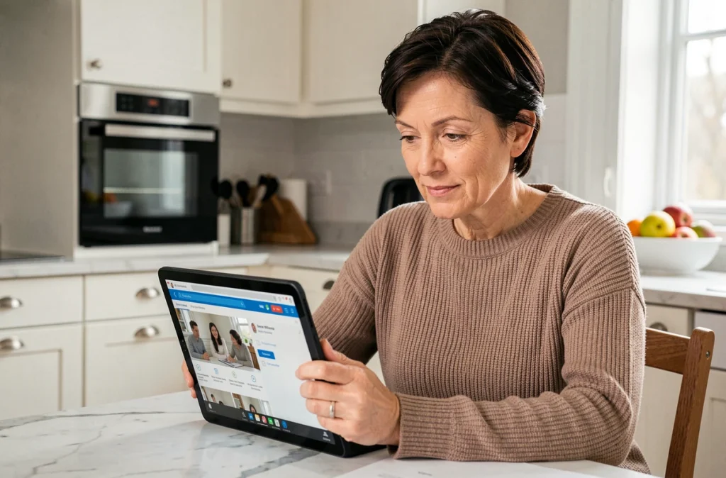 Mère de famille vérifiant les notes et les devoirs de son enfant sur une tablette via NÉO Yvelines dans la cuisine
