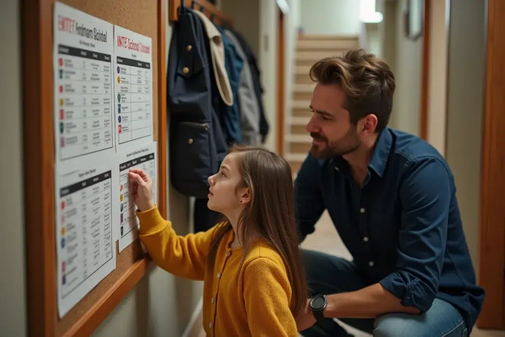 Un père et sa fille collégienne organisent ensemble l'emploi du temps scolaire affiché dans le couloir de leur maison, illustrant l'accompagnement parental au quotidien.