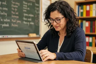 Professeure consultant une application de communication scolaire sur tablette dans une salle de classe