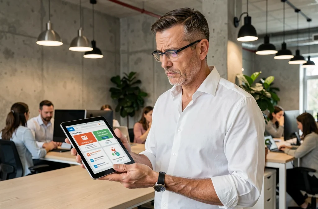 Professionnel du marketing comparant une plateforme d'abonnement email et une formation en ligne sur une tablette dans un bureau moderne