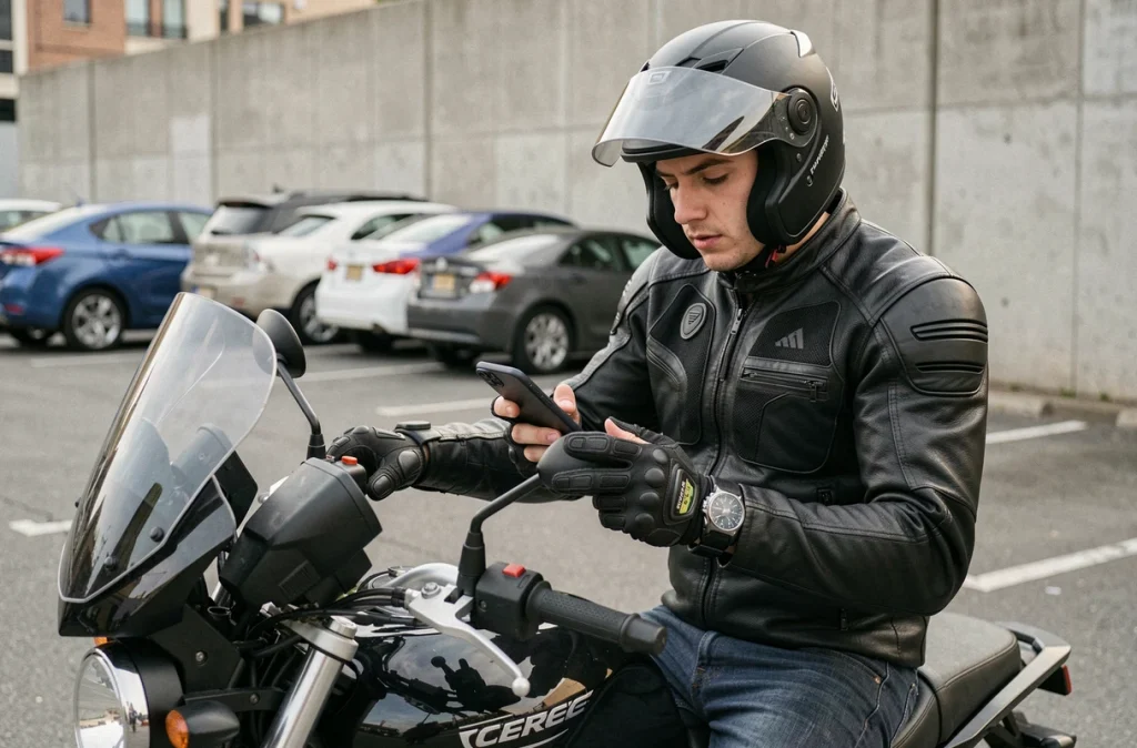 Motard consultant une application de code de la route moto sur smartphone assis sur sa moto en ville