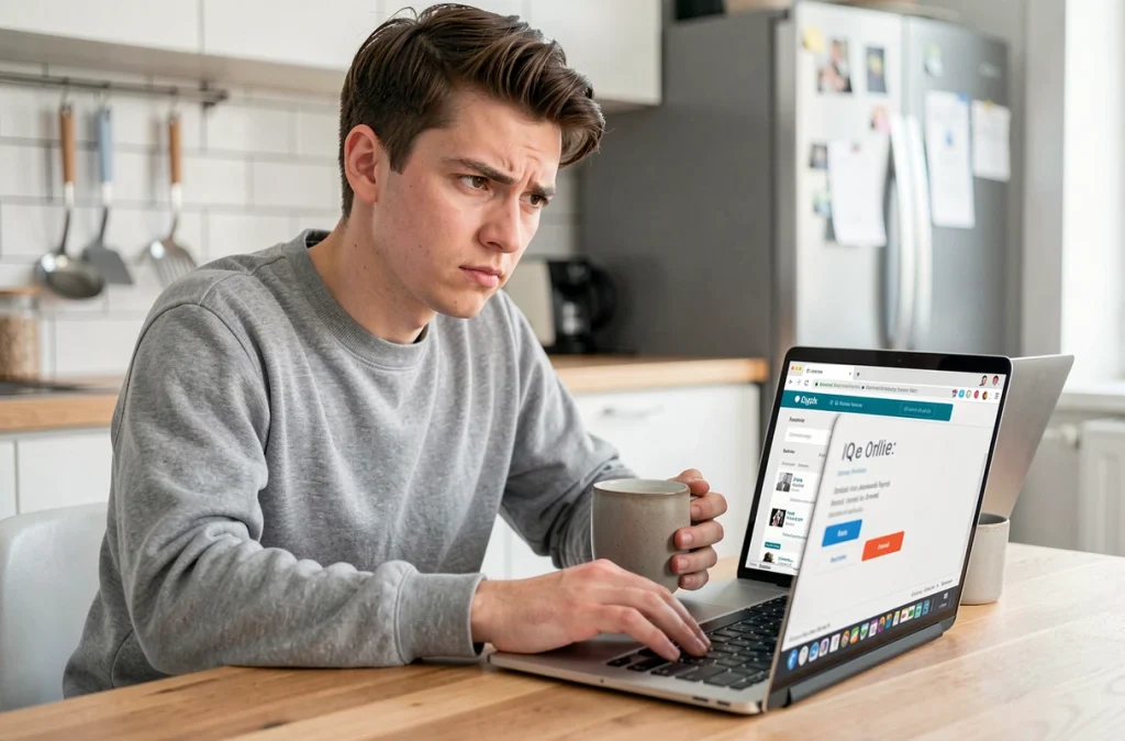 Jeune homme passant un test de QI gratuit en ligne sur son ordinateur portable dans une cuisine
