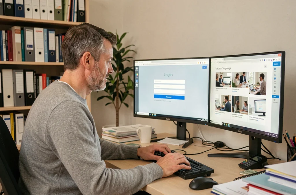 Homme utilisant un portail d'authentification depuis son bureau à domicile avec double écran