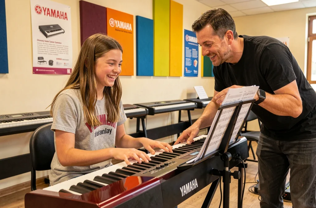 Adolescente apprenant le clavier avec un professeur dans une salle de cours de la Yamaha Music School de Lille